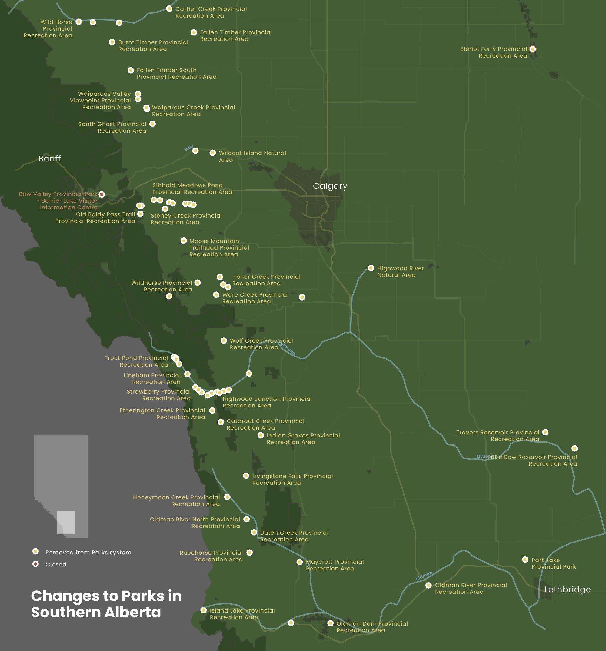 Map of Alberta park closures