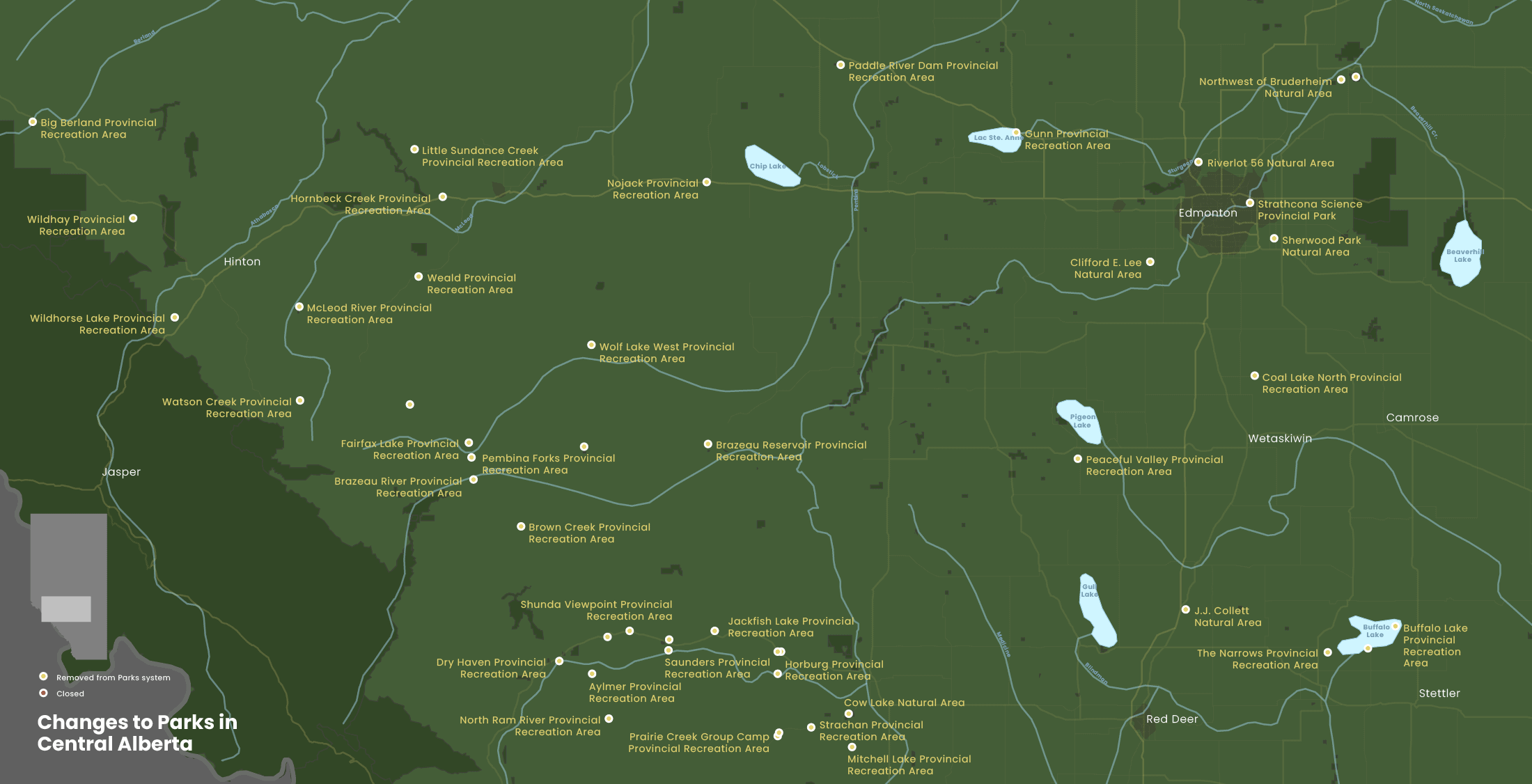 Map of parks changes in Central Alberta